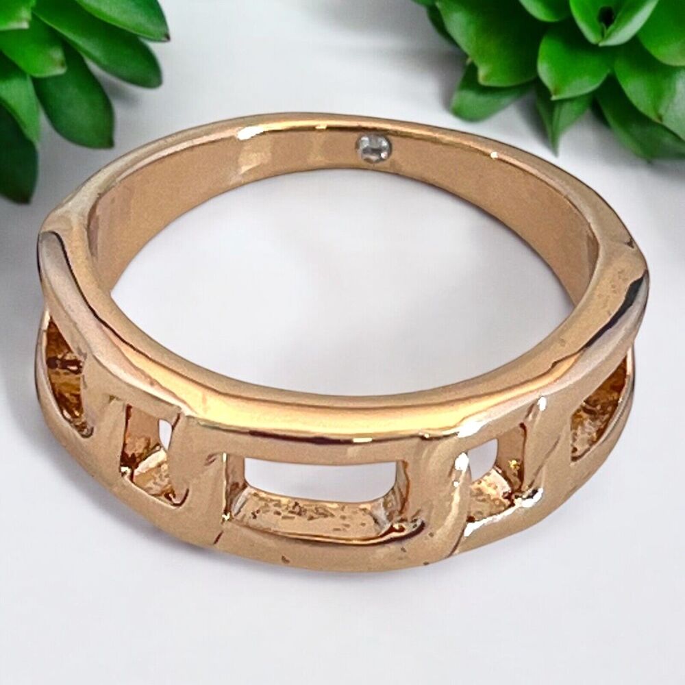 Vintage 1980s Link Band Ring Gold Tone Crystal Accent Size 7 - 9W